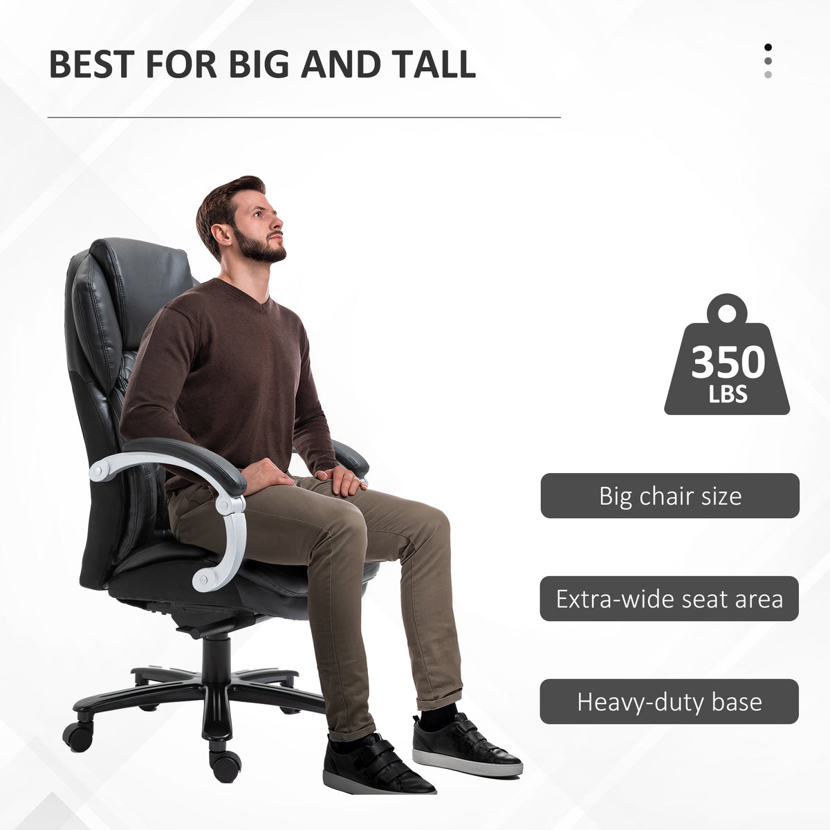 Vinsetto Big And Tall Executive Office Chair With Wide Seat, Computer Desk Chair With High Back Diamond Stitching, Adjustable Height & Swivel Wheels, Black Black Pu Leather