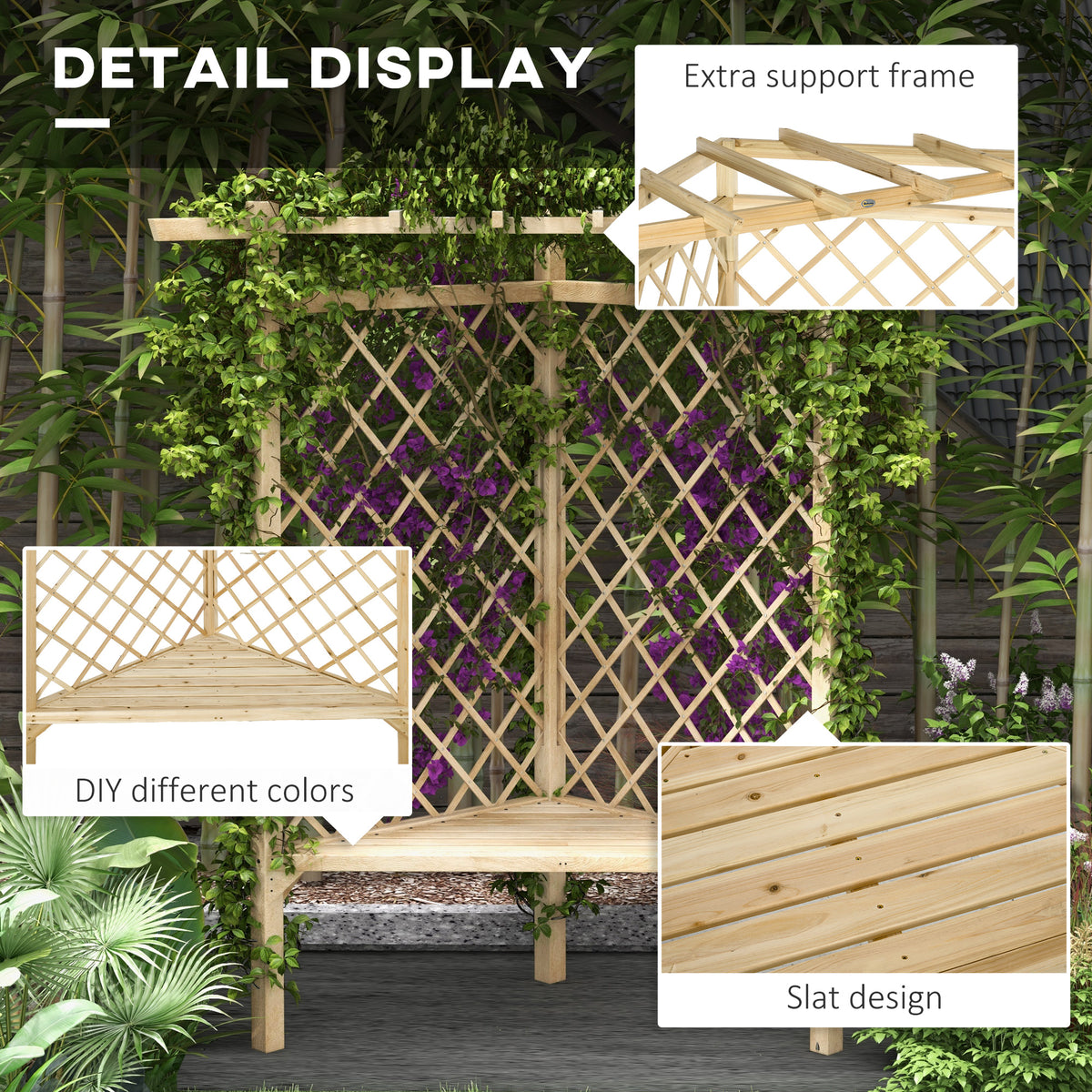 Outsunny 55" Garden Benches For Outdoors, Wooden Park Benches For Outside With Slatted Seat, Front Ponch With Screen Backrest, Climbing Vine, For Lawn, Park, Deck, Natural Natural Wood