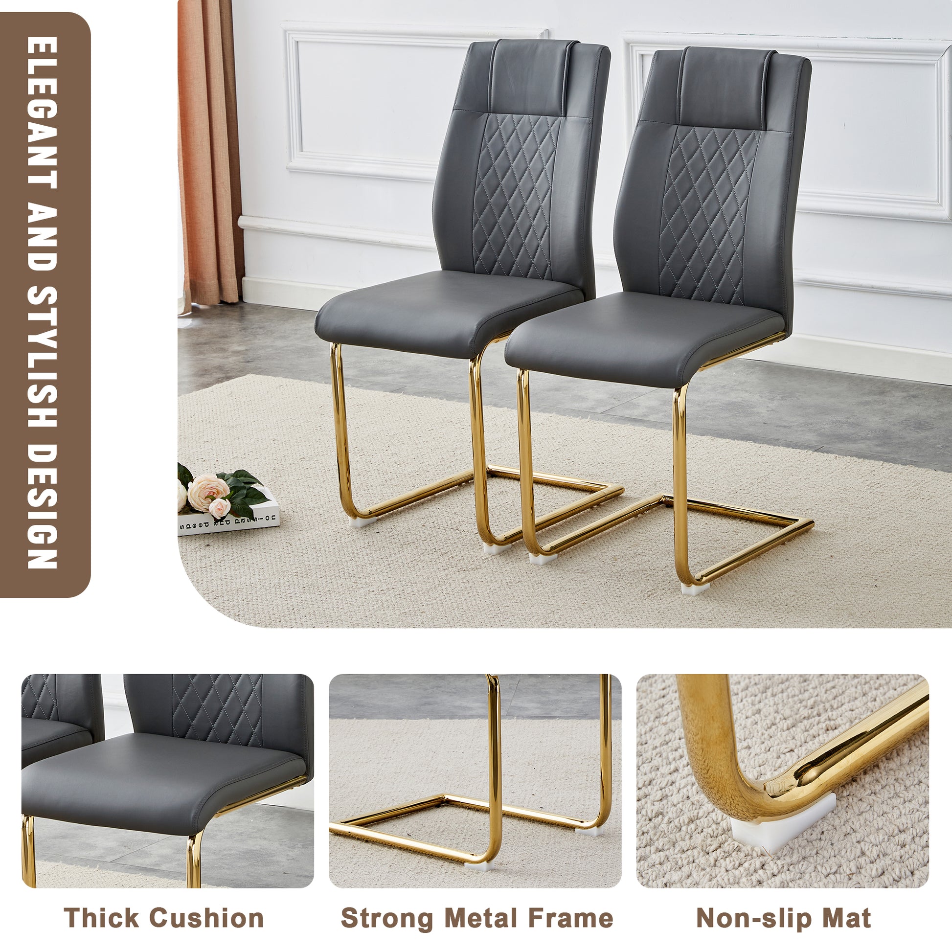 Table And Chair Set.The Table Has A Glass Tabletop With Imitation Marble Pattern Stickers And Stainless Steel Golden Table Legs. Paried With Comfortable Chairs With Pu Seats And Metal Legs. White Gold Seats 6 Glass Metal