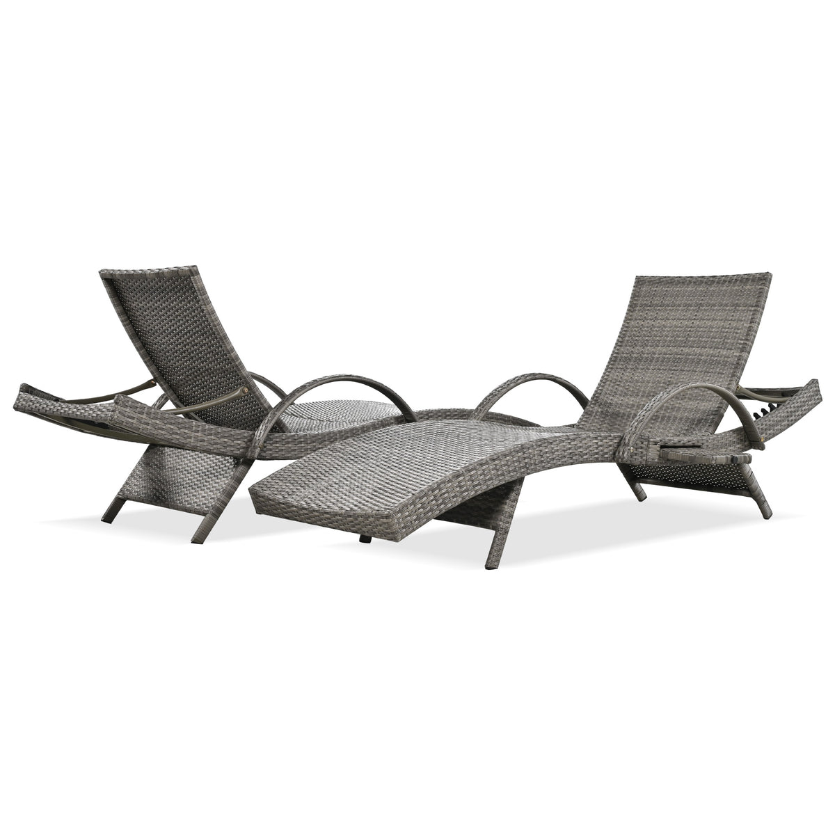 K&K 80'' Outdoor Wicker Chaise Lounge Chairs Set Of 2, Patio Rattan Reclining Chair Pull Out Side Table Adjustable Backrest Ergonomic Wave Design Pool Sunbathing Recliners, Grey No Lounge Grey Seats