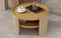 2 Tiered Round Natural Wood Coffee Table With Storage Rattan Base In 31.3'' Natural Rubber Wood