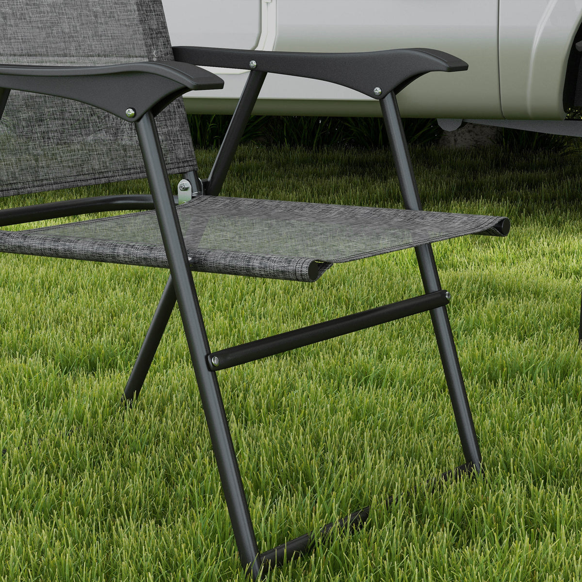 Outsunny Folding Patio Chairs, Set Of 4 Sports Chairs For Adults, Camping Chairs With Armrests,Mesh Fabric Seat For Lawn, Gray Gray Metal