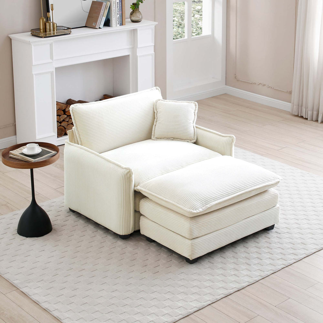 Single Deep Seat Sofa With Footstool With One Pillow, Suitable For Living Room And Bedroom, Club Multiple Occasions,White Corduroy White Corduroy 1 Seat