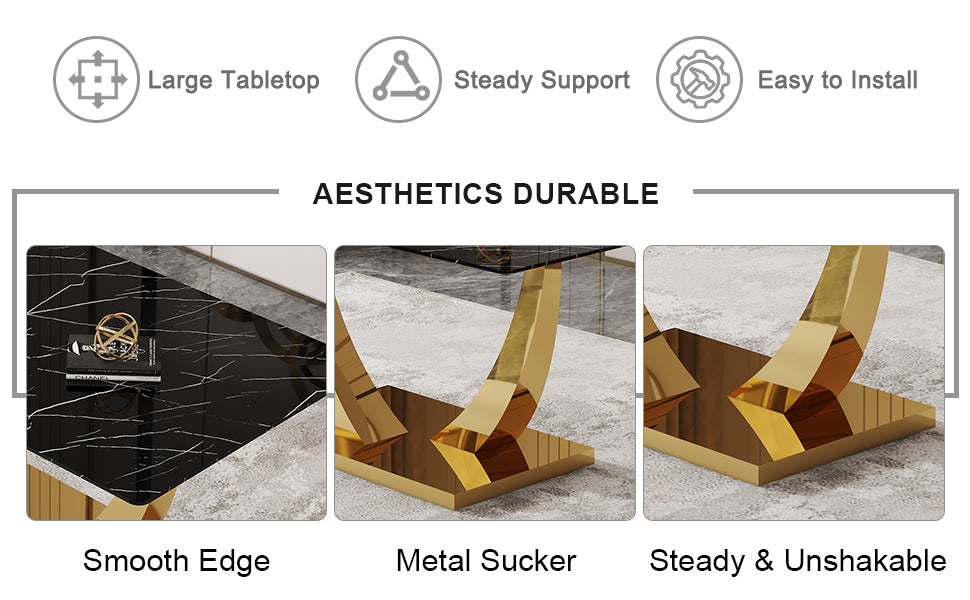 Table And Chair Set.Modern Rectangular Dining Table With Black Textured Stickers Glass Tabletop And Gold Plated Metal Legs.Paried With 6 Comfortable Chairs With Pu Seats And Black Metal Legs. Black Gold,White Seats 6 Glass Metal