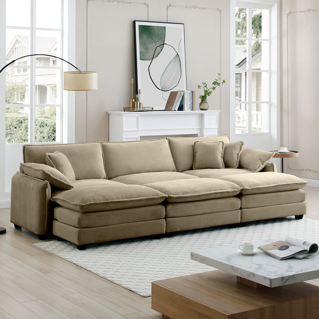 Oversized Modular Cushioned Sofa,With 3 Ottomans To Work As Sleeper Sofa Beds, 3 Seater Sofa With 3 Footstools,Tan Corduroy Fabric Tan Corduroy 3 Seat