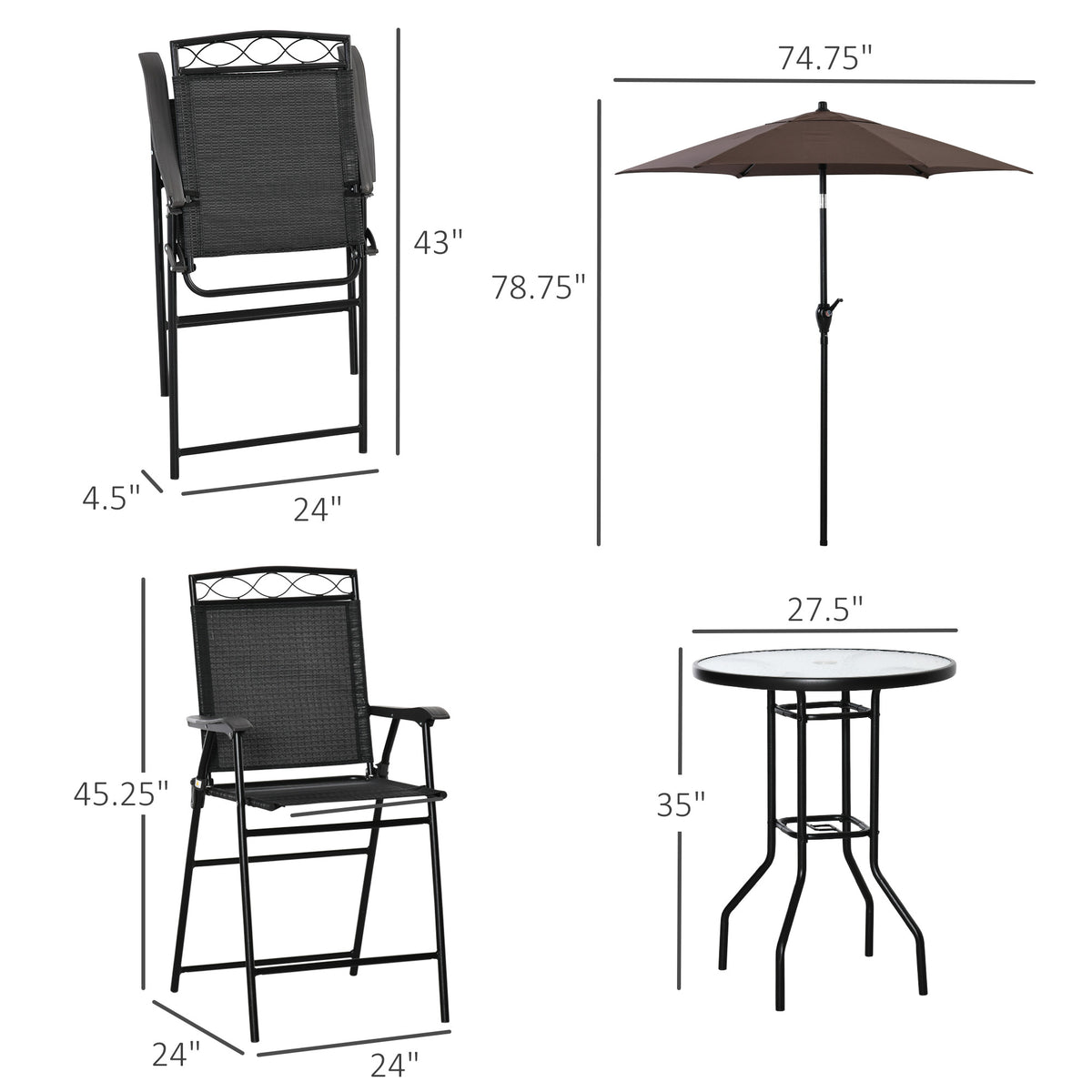 Outsunny 4 Piece Outdoor Patio Dining Furniture Set, 2 Folding Chairs, Adjustable Angle Umbrella, Wave Textured Tempered Glass Dinner Table, Black Black Steel
