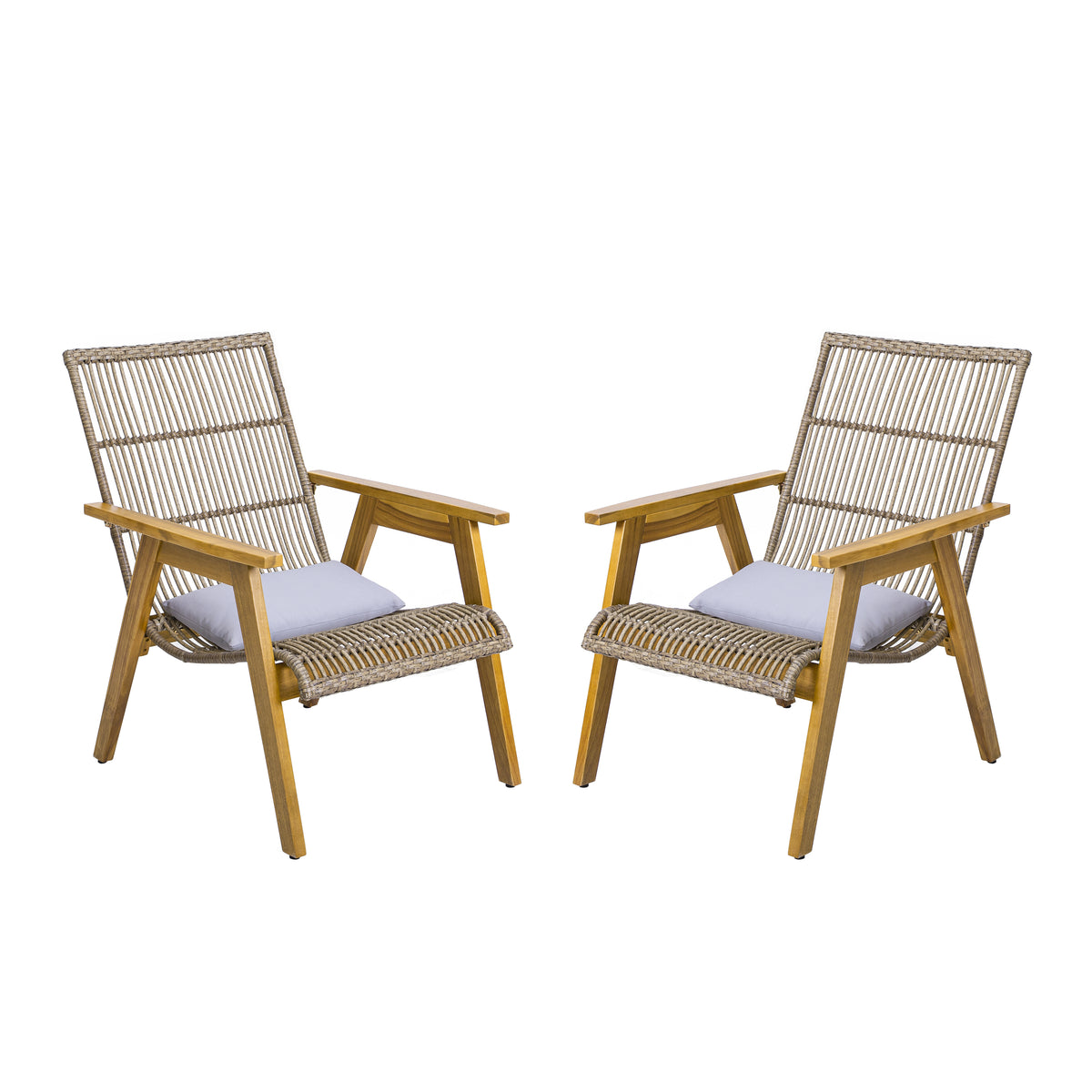 Set Of 2, Acacia Wood Cape Woven Wicker Large Lounge Chair With Pillow For Patio, Deck, Yard, Lawn And Garden Seating, Teak Finish Natural Wicker Light Grey Fabric Teak 2 Person Seating Group Acacia Wood