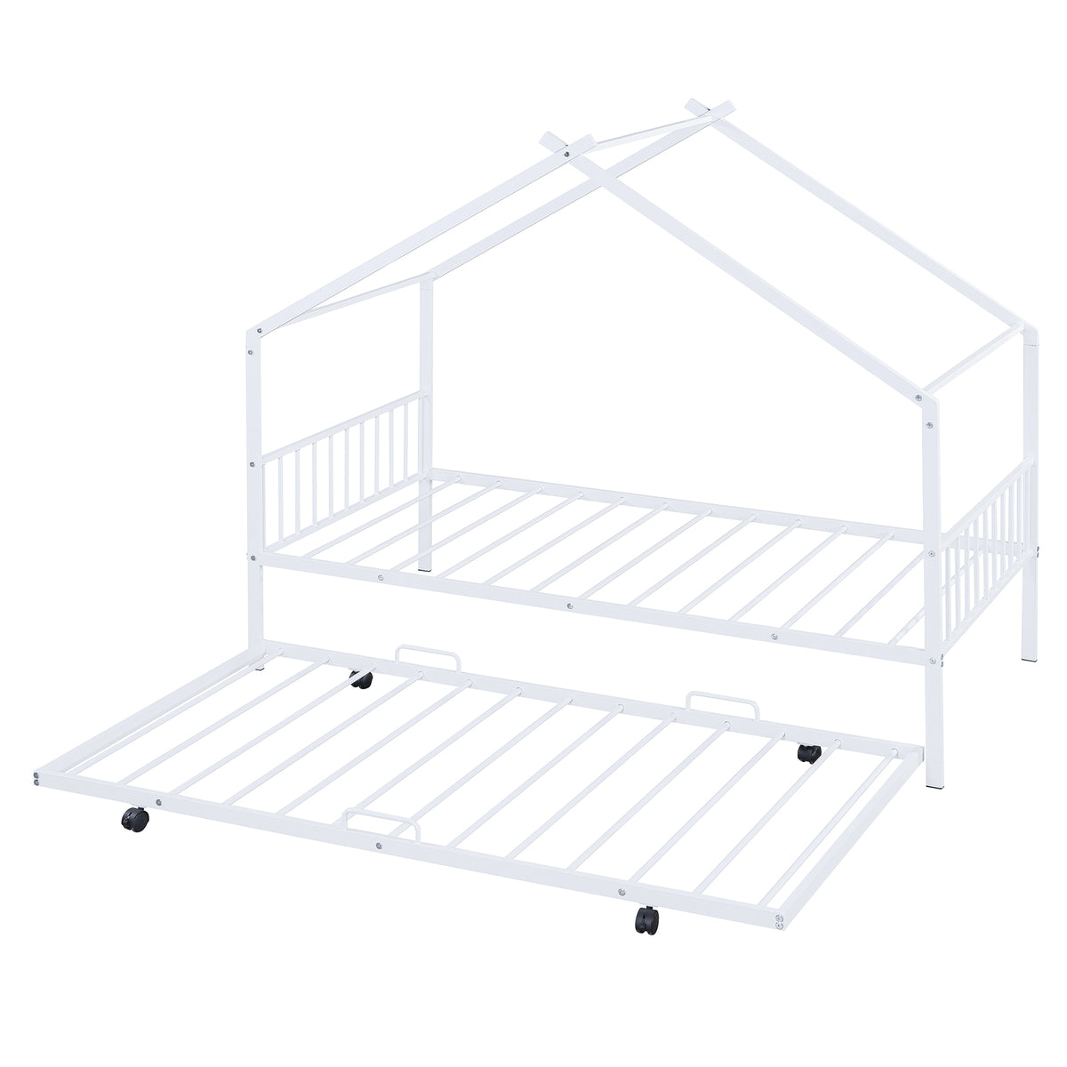 Twin Size Metal House Bed With Twin Size Trundle, White Twin White Metal