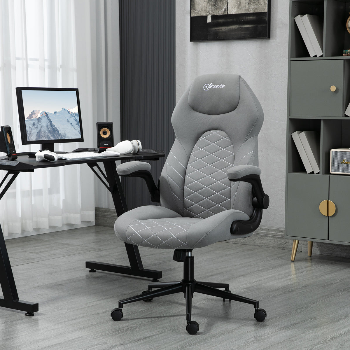 Vinsetto Gaming Chair With Flip Up Arm, High Back Desk Computer Chair, Gamer Chair With Adjustable Height And Swivel Wheellight Gray Light Gray Polyester