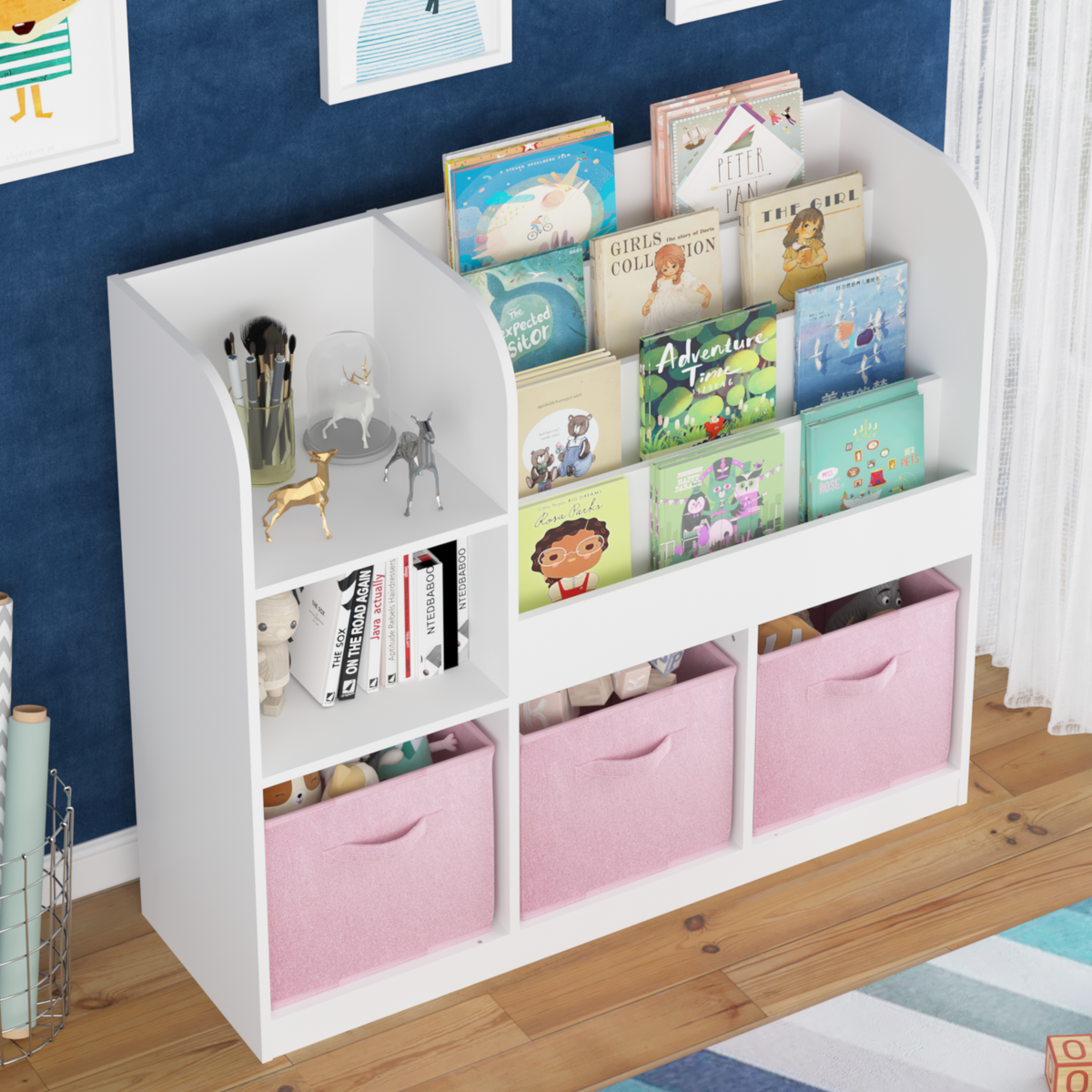 Kids Bookcase And Bookshelf, Multifunctional Bookcase With 3 Collapsible Fabric Drawers, Bookcase Display Stand, Toy Storage Organizer For Bedroom, Playroom, Hallway White Pink White Pink Fabric,Mdf