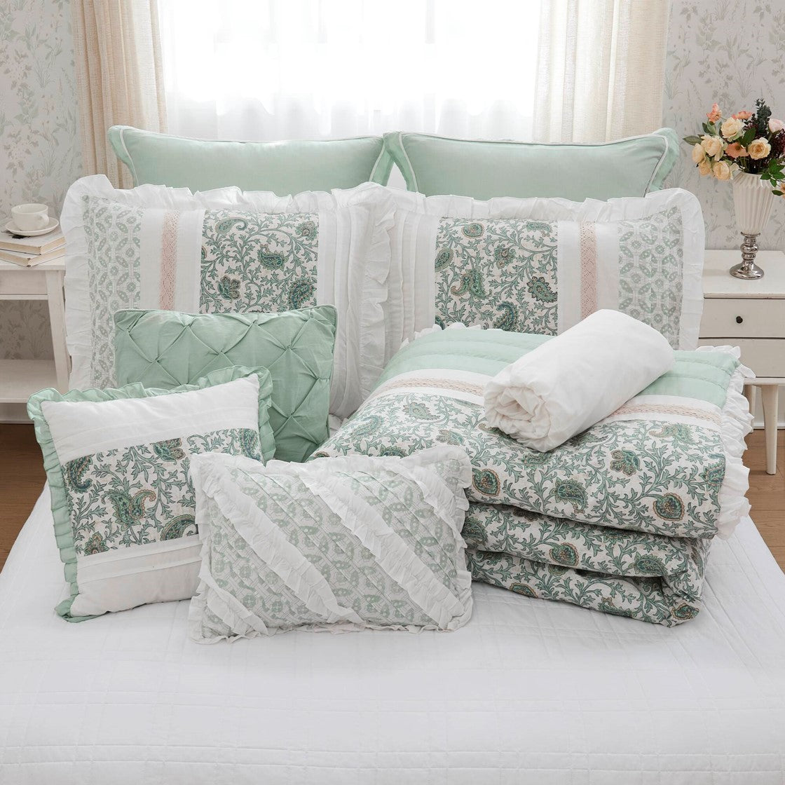 9 Piece Cotton Percale Comforter Set Aqua Queen Queen Aqua Polyester