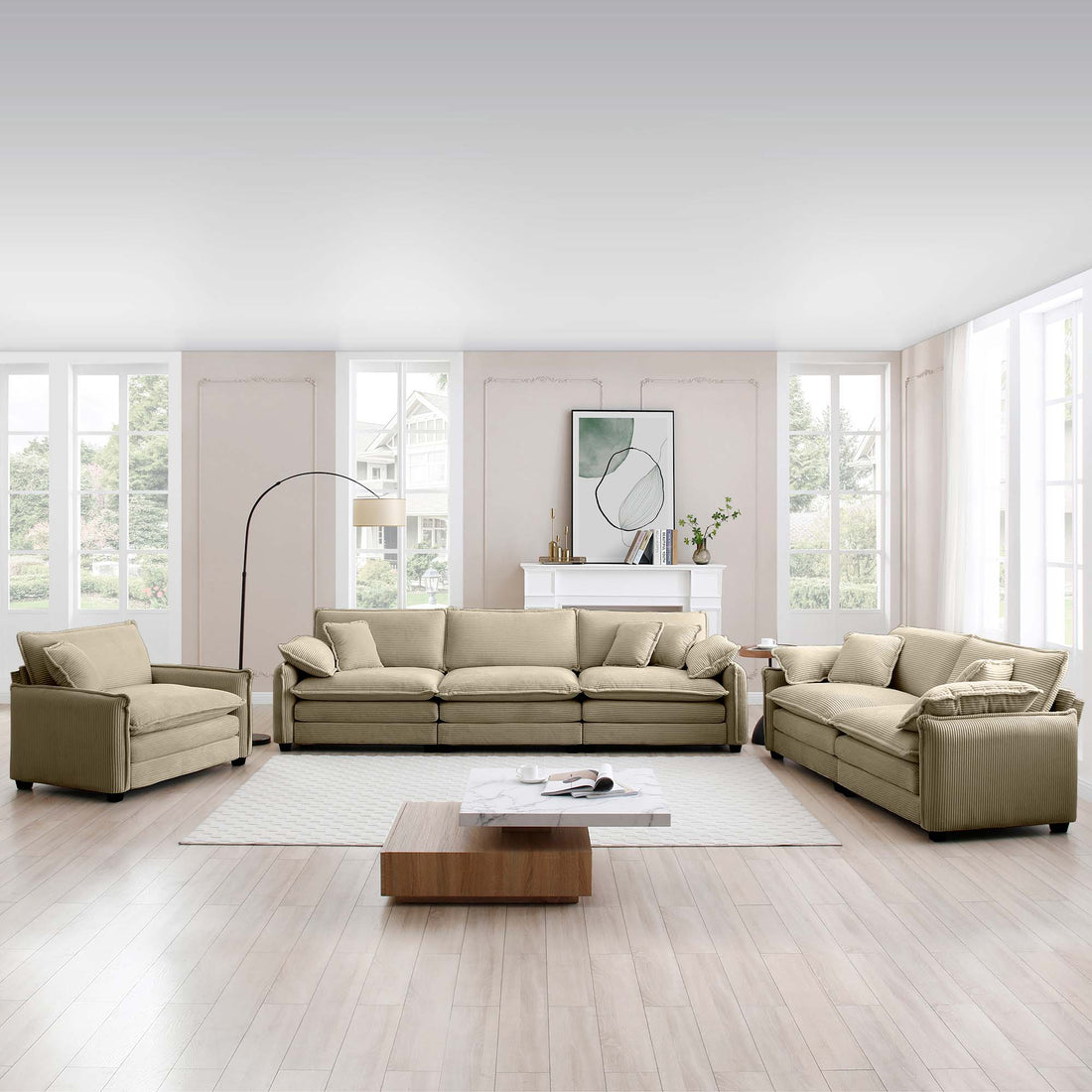 3 Piece Comfortable Oversized Sectional Sofa, One Single Sofa And One 2 Seater Sofa And One 3 Seater Sofa ,Tan Corduroy Deep Seat Sofa Tan Corduroy 6 Seat