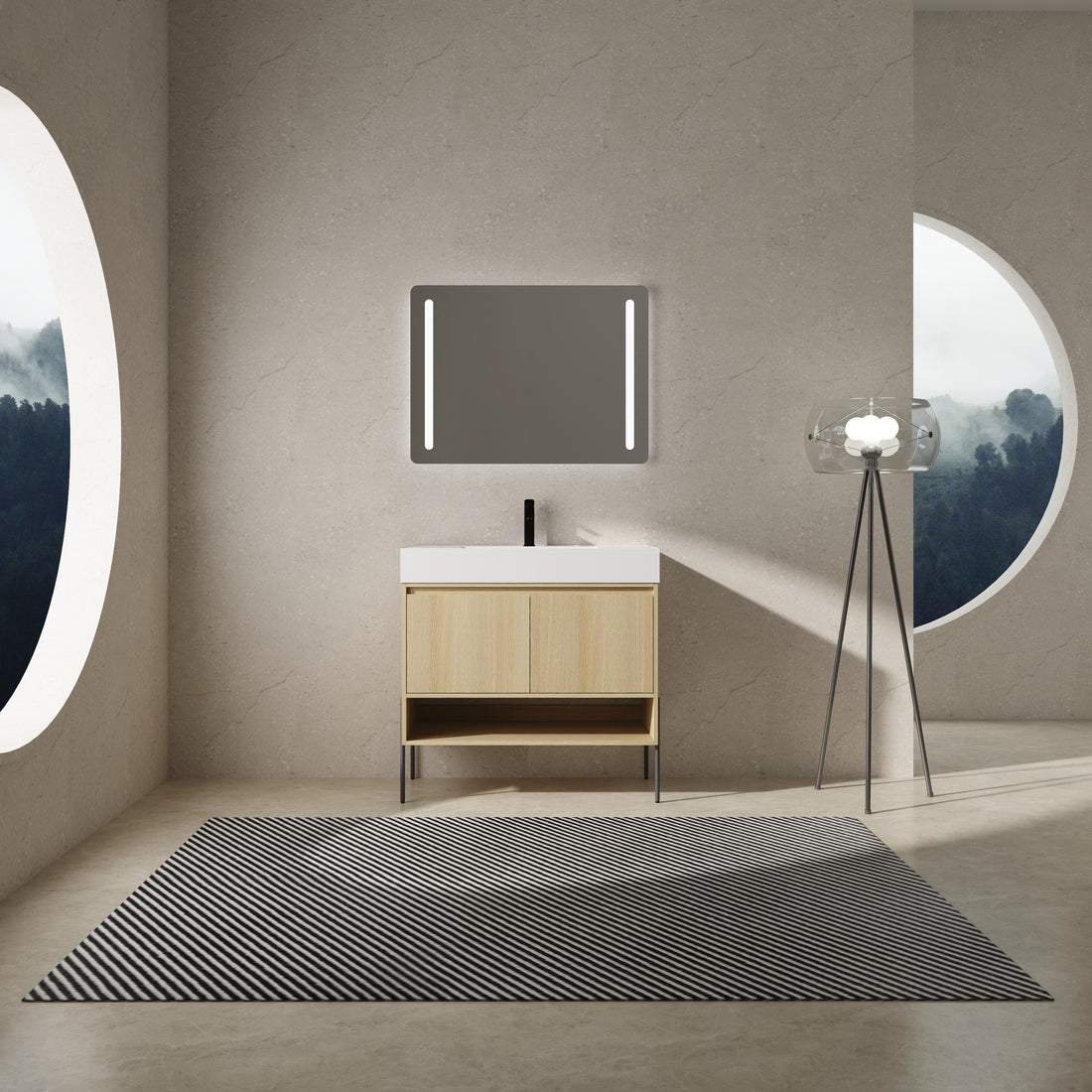 36" Bathroom Vanity Combo W Single Ceramic Sink, Modern Storage Cabinet Set 2 Door, Multilayer Solid Wood, Oak Oak Bathroom American Design Engineered Wood