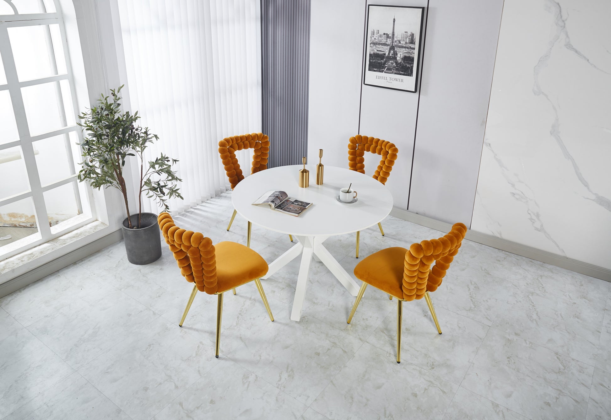 Orange And Gold Modern Chair Set Of 2 With Iron Tube Legs, Soft Cushions And Comfortable Backrest, Suitable For Dining Room, Living Room, Cafe,Hairball Back Orange Fabric