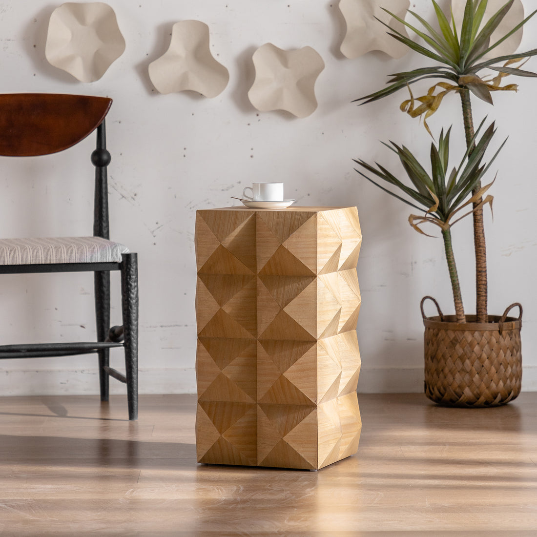 23.62"Height Three Dimensional Embossed Pattern Design Retro Side Table Retro Furniture Natural Mdf
