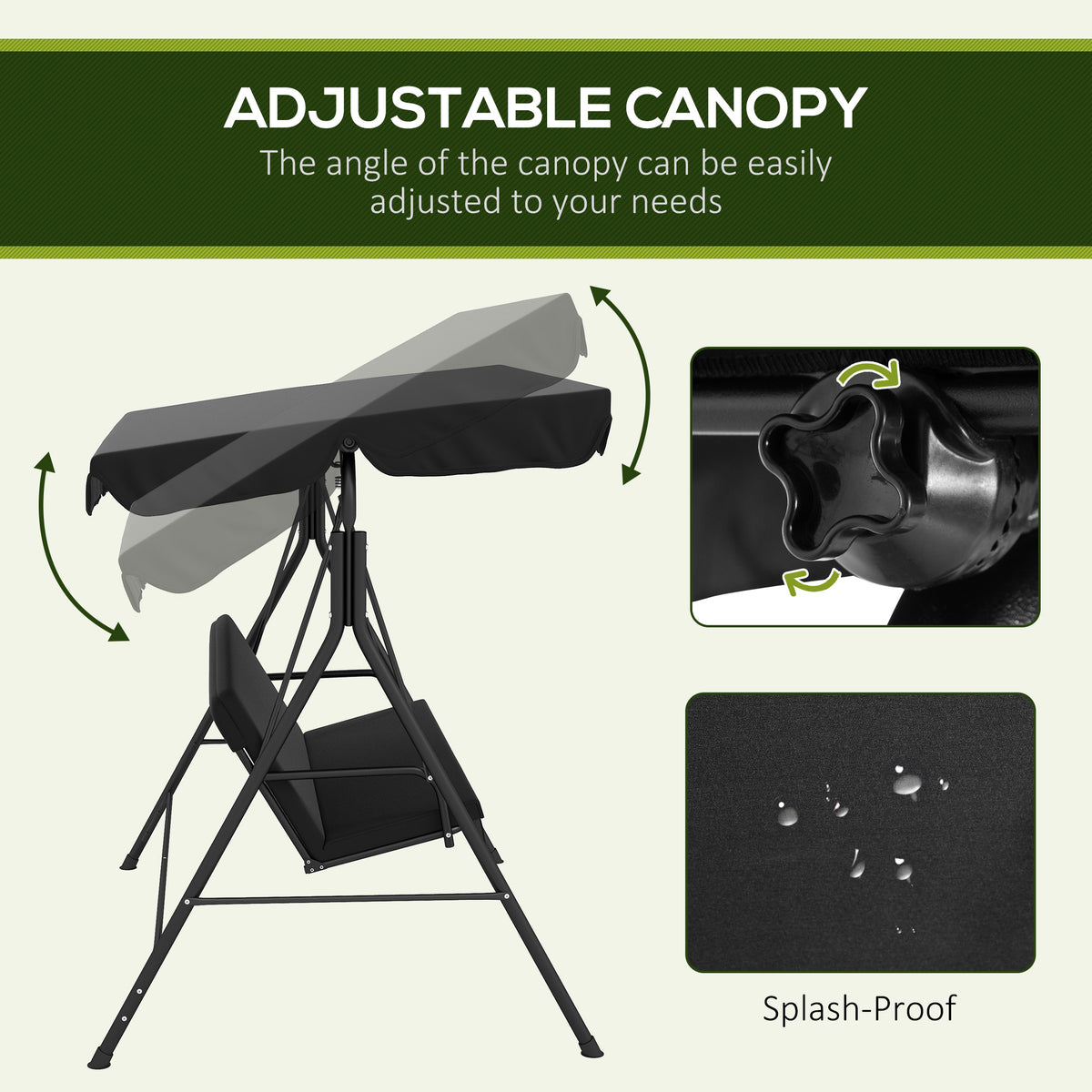 Outsunny 3 Seat Outdoor Patio Swing Chair With Removable Cushion, Steel Frame Stand And Adjustable Tilt Canopy For Patio, Garden, Poolside, Balcony, Backyard, Black 2 Black Steel