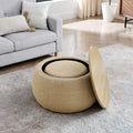 Round Storage Ottoman, Woven Rattan Fabric Ottoman, 2 In 1 Function, Work As End Table And Ottoman,With Small Seat Nature 25