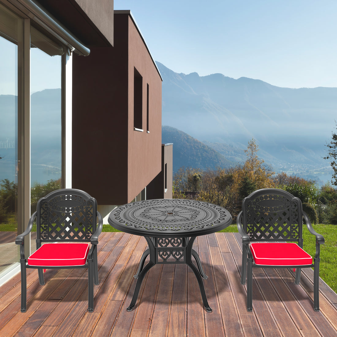 Cushions In Random Colors 3 Piece Set Of Cast Aluminum Patio Furniture With Cushions Yes Dining Set Black Seats 2 Rust Resistant Frame Water Resistant Cushion Garden & Outdoor Aluminium