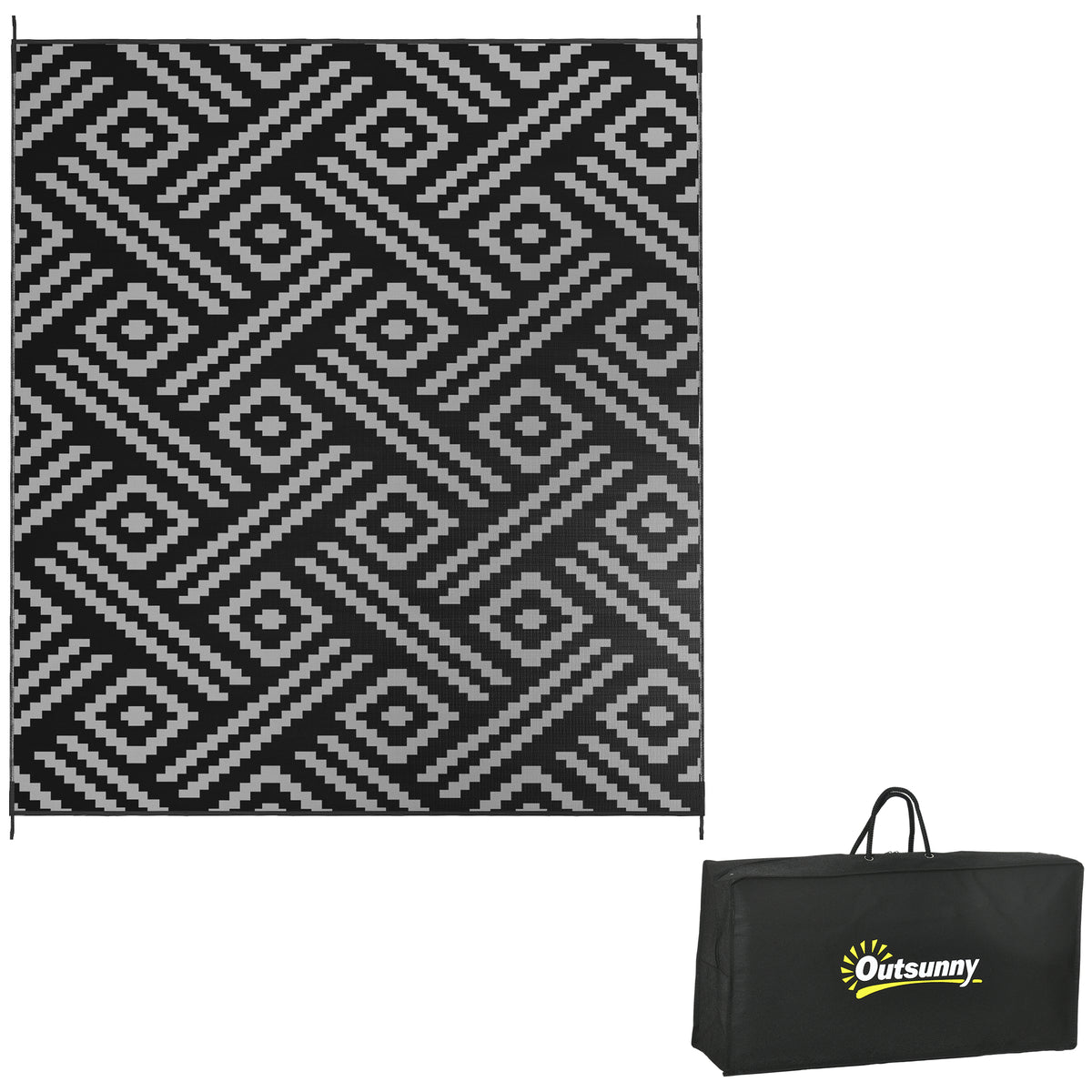 Outsunny Reversible Outdoor Rug, 8' X 10' Waterproof Plastic Straw Floor Mat, Portable Rv Camping Carpet With Carry Bag, Large Floor Mat For Backyard, Deck, Picnic, Beach, Black & Gray Geometric Multicolor Polypropylene