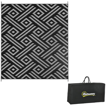 Outsunny Reversible Outdoor Rug, 8' X 10' Waterproof Plastic Straw Floor Mat, Portable Rv Camping Carpet With Carry Bag, Large Floor Mat For Backyard, Deck, Picnic, Beach, Black & Gray Geometric Multicolor Polypropylene