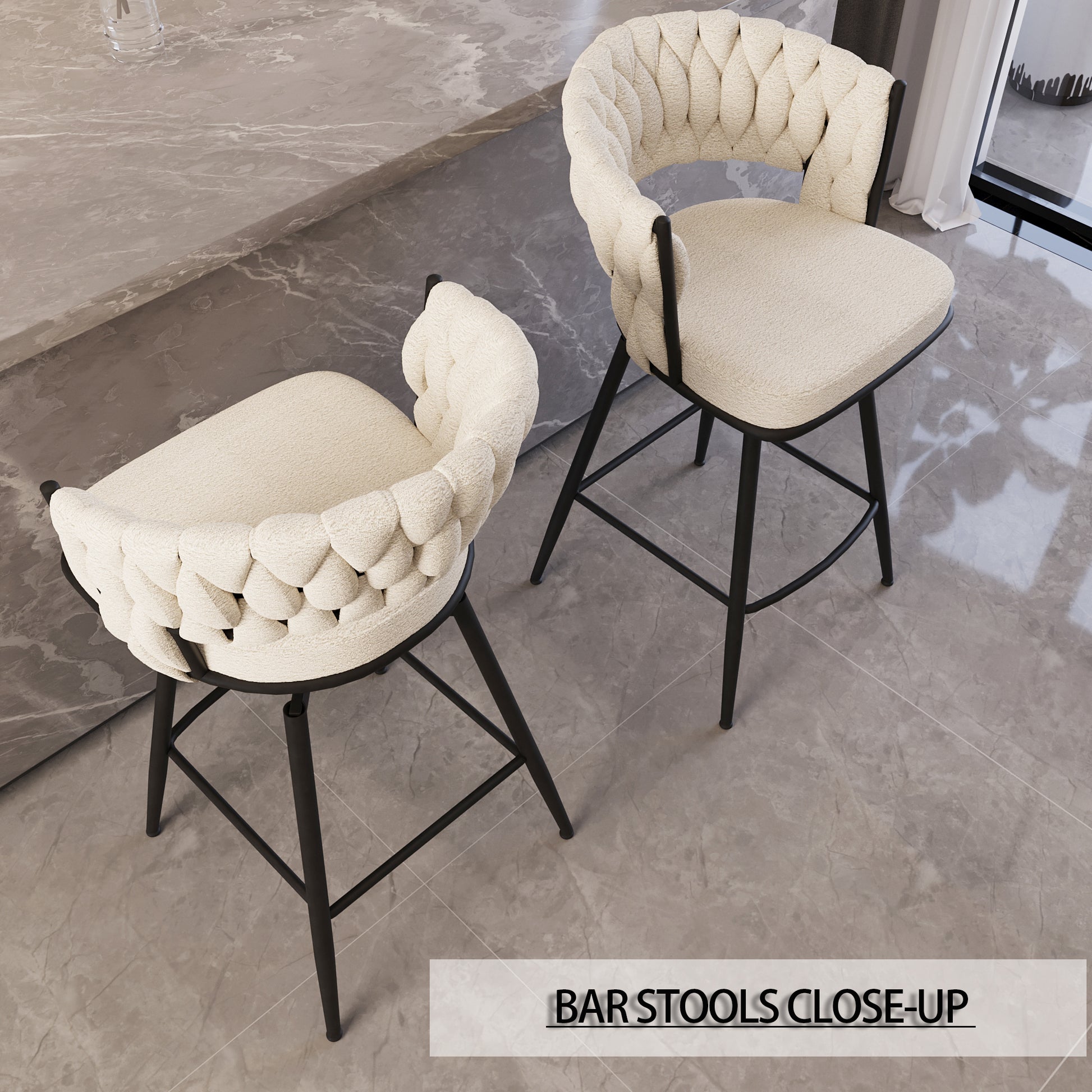 Bar Chair Toweling Woven Bar Stool Set Of 4, Black Legs Barstools No Adjustable Kitchen Island Chairs,360 Swivel Bar Stools Upholstered Counter Stool Arm Chairs With Back Footrest, White White Black Foam Linen