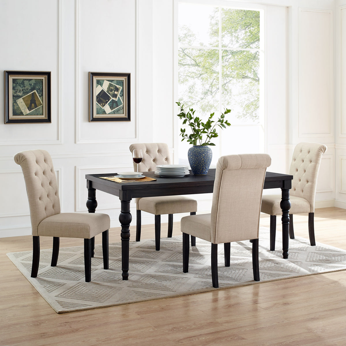 Leviton Urban Style Wood Dark Wash Turned Leg Dining Set: Table And 4 Chairs, Tan Wood Black Seats 4 Wood Dining Room Fixed Table Rubberwood Rectangular 4 Leg Rectangular Dining Table With Chair Mdf