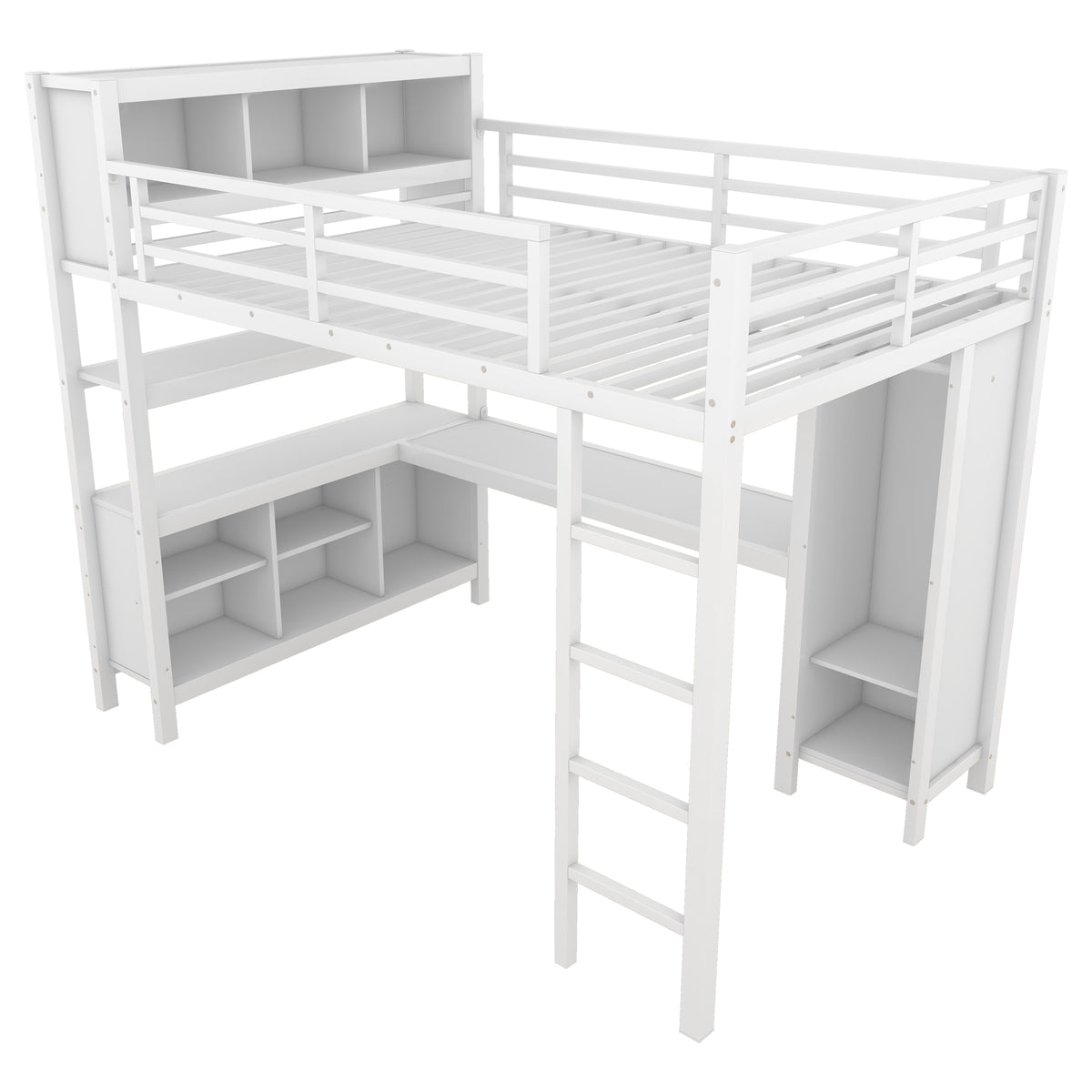 Metal Loft Bed With Wardrobe And L Shaped Desk, Full Size Loft Bed With Storage Cubes And Shelves, Heavy Duty Loft Bed For Kids Teens Adults, White Full Off White Metal