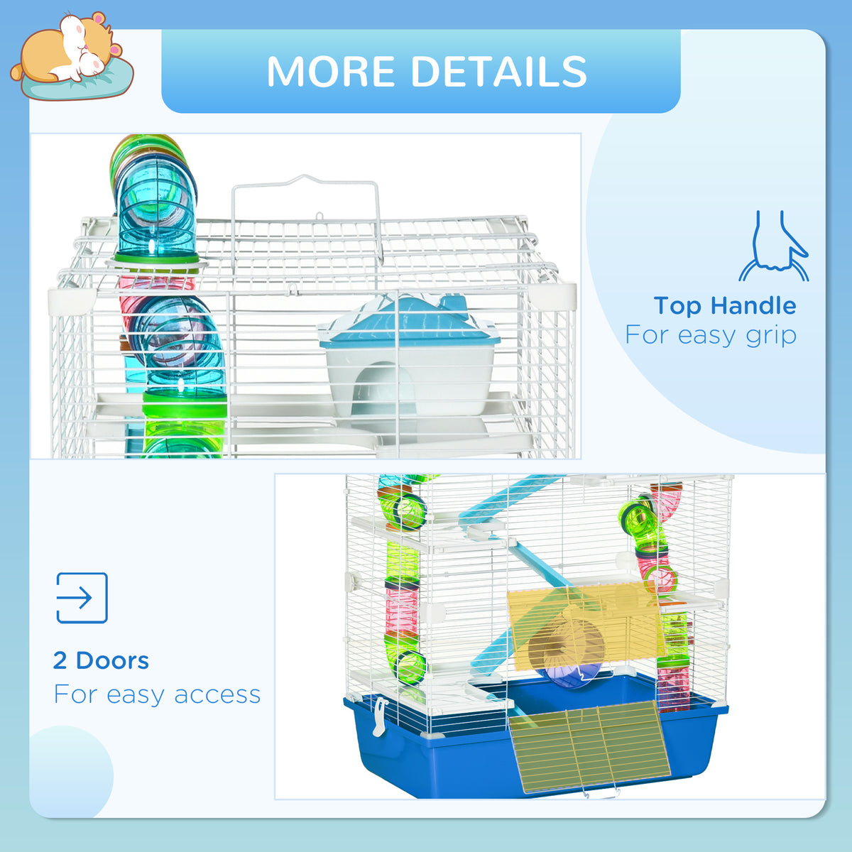 Pawhut Extra Large 23" Hamster Cage With Tubes And Tunnels, Portable Carry Handles, Rat House And Habitats Big 5 Tier Design, Includes Exercise Wheel, Water Bottle, Food Dish, Blue Blue Steel