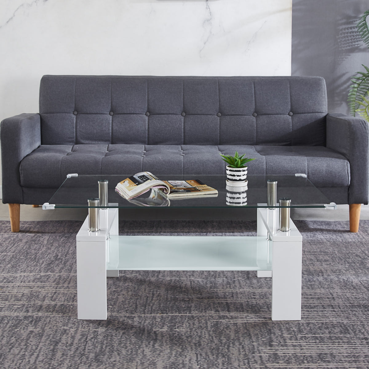 Artisan Center Coffee Table, Tempered Glass Top Stainless Steel Legs For Living Room, White White Mdf