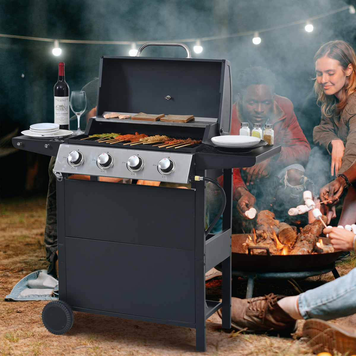 Propane Gas Grill 4 Burner Barbecue Grill, Stainless Steel 34,000 Btu Patio Garden Barbecue Grill With Two Shelves, Lid, Wheels And Bottle Opener Black Iron
