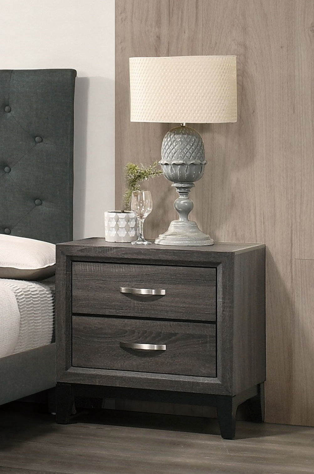 Bedroom Furniture Rustic Grey Oak Simple 1Pc Nightstand 2 Drawers Bed Side Table Solidwood Gray 2 Drawers Bedroom Bedside Cabinet Modern,Transitional Pine Drawers Particle Board Mdf,Solid Wood