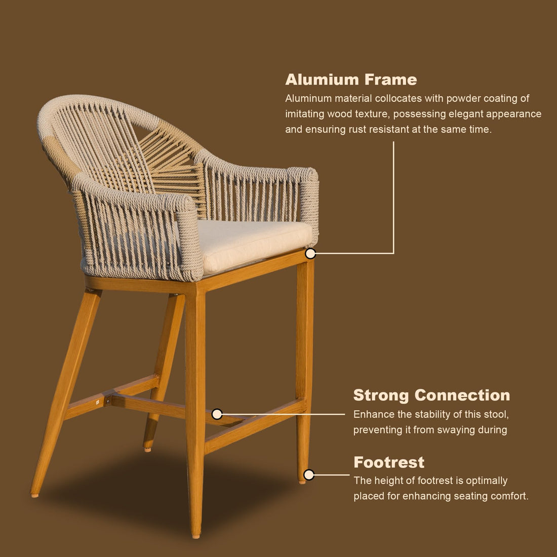 Bar Stools Set Of 2 With Arm And Backrest, Outdoor Counter Height Bar Chairs With Cushion, Aluminum Tall Bar Stools Modern Textilene Rope Boho Barstools For Garden, Pool, Patio, Kitchen Rounded Backre Yes Khaki Garden & Outdoor 2 Person Seating Group