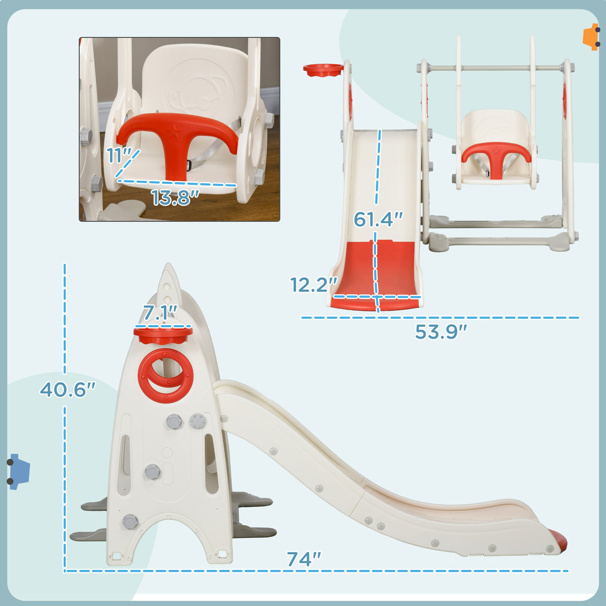 Qaba Toddler Swing Set, 4 In 1 Toddler Playground For Kids 1 3 Years Old, Indoor Toddler Playset With Slide, Swing, Basketball Hoop, Climber, Basketball, Red Red Plastic