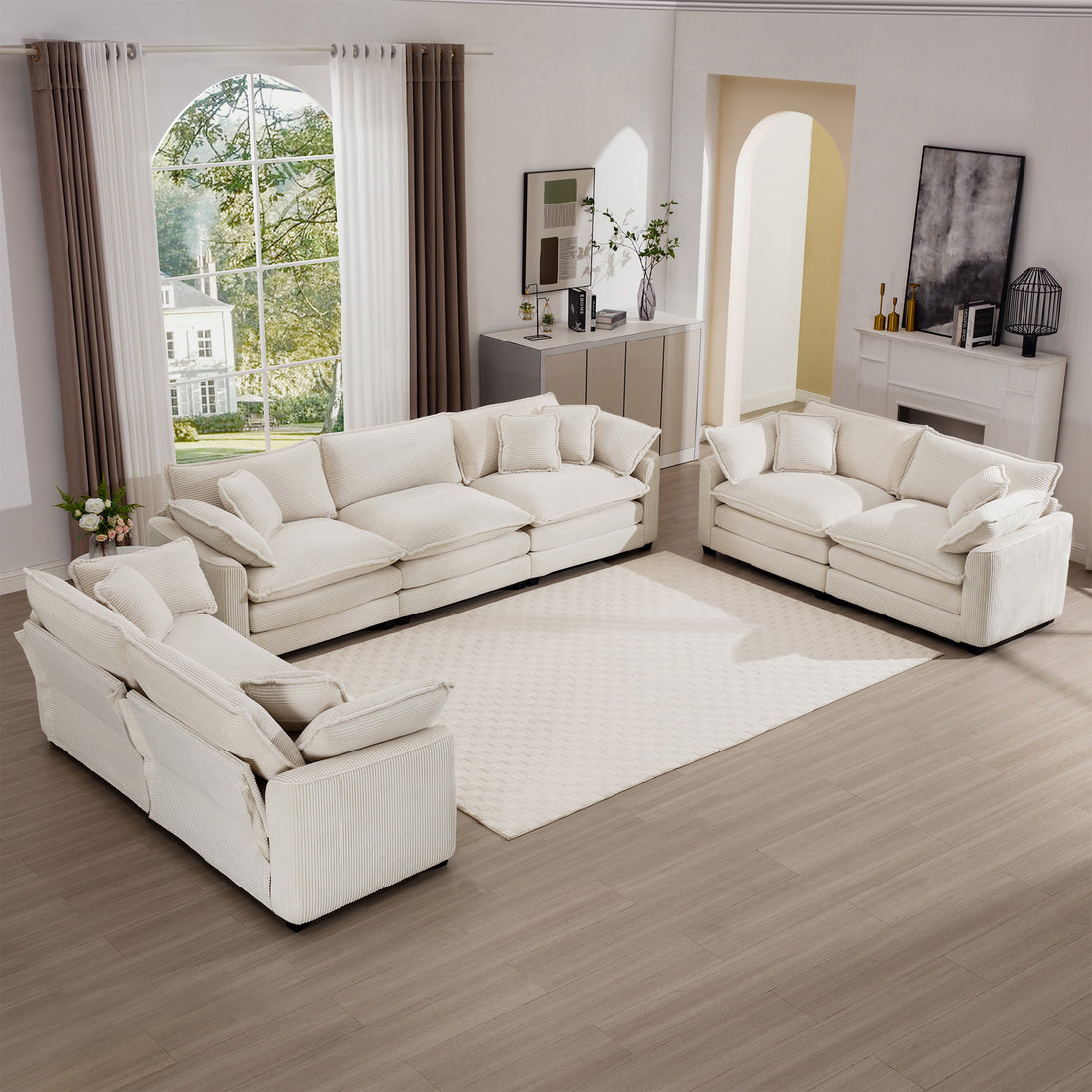 Modern Fabric Living Room Sofa 2 Piece Set, Two 2 Seater Sofa And One 3 Seater Sofa, Upholstery Large Deep Seat Set Of 3 Sofas With Comfortable Cushions And Pillows, Light Beige Corduroy Fabric Beige Corduroy 7 Seat