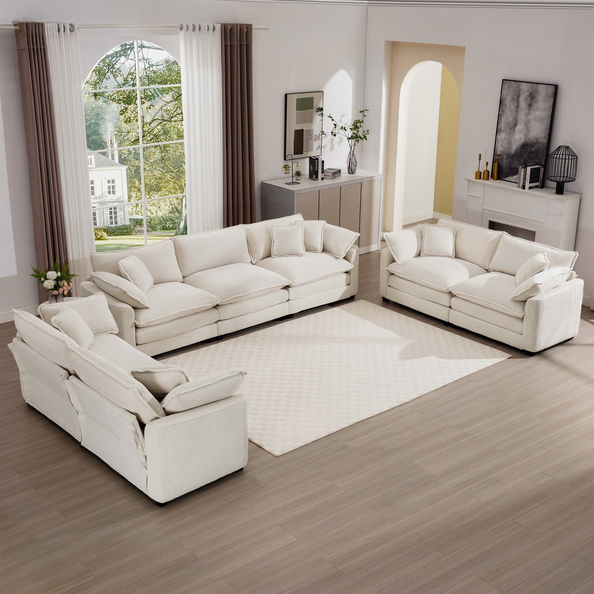 Modern Fabric Living Room Sofa 2 Piece Set, Two 2 Seater Sofa And One 3 Seater Sofa, Upholstery Large Deep Seat Set Of 3 Sofas With Comfortable Cushions And Pillows, Light Beige Corduroy Fabric Beige Corduroy 7 Seat