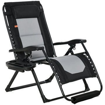 Outsunny Foldable Outdoor Lounge Chair With Footrest, Oversized Padded Zero Gravity Lounge Chair With Headrest, Side Tray, Cup Holders, Armrests For Camping, Lawn, Garden, Black Black Steel