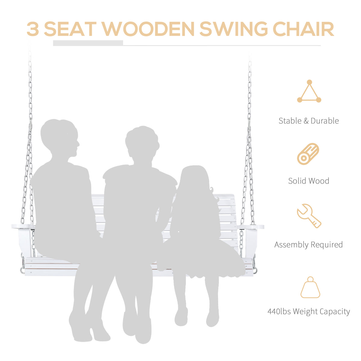 Outsunny 3 Seater Wooden Porch Swing, Patio Swing Bench With Folding Coffee Table, Cup Holders And Chains Included, 440Lbs Weight Capacity, White White Wood