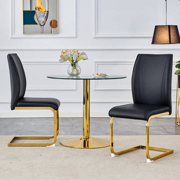 Luxury Simple Arch Chair Set Of 2 Black Pu Material High Resilience Dining Chair With Arched Metal Gold Leg. Black Gold Set Of 2 Metal,Pu