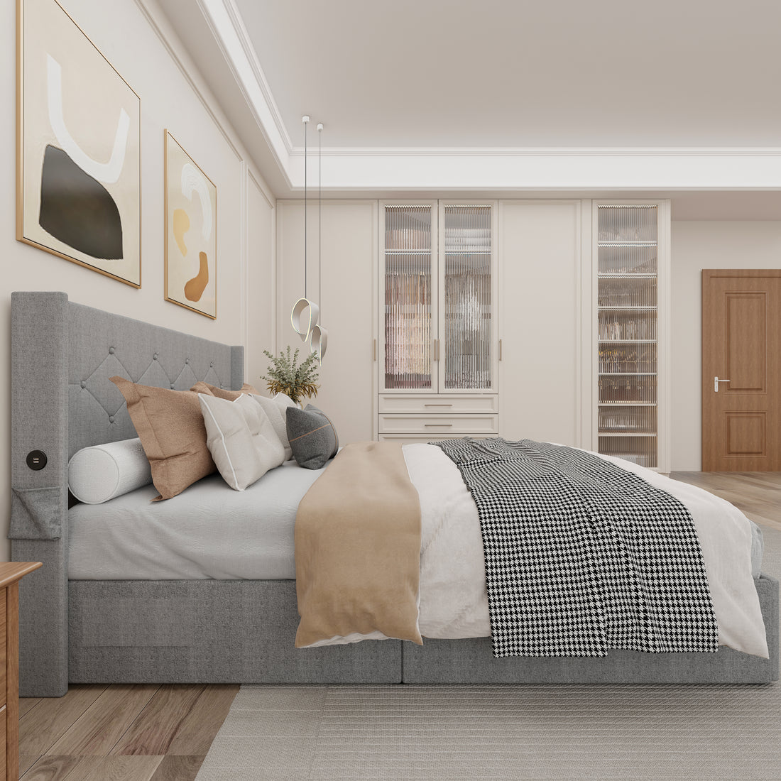 Queen Size Bed Frame With Storage Lift Up Storage Bed With Modern Wingback Headboard, Usb Ports Box Spring Not Required Queen Light Gray Metal Bedroom Contemporary Bed Frame Foam Linen Upholstered