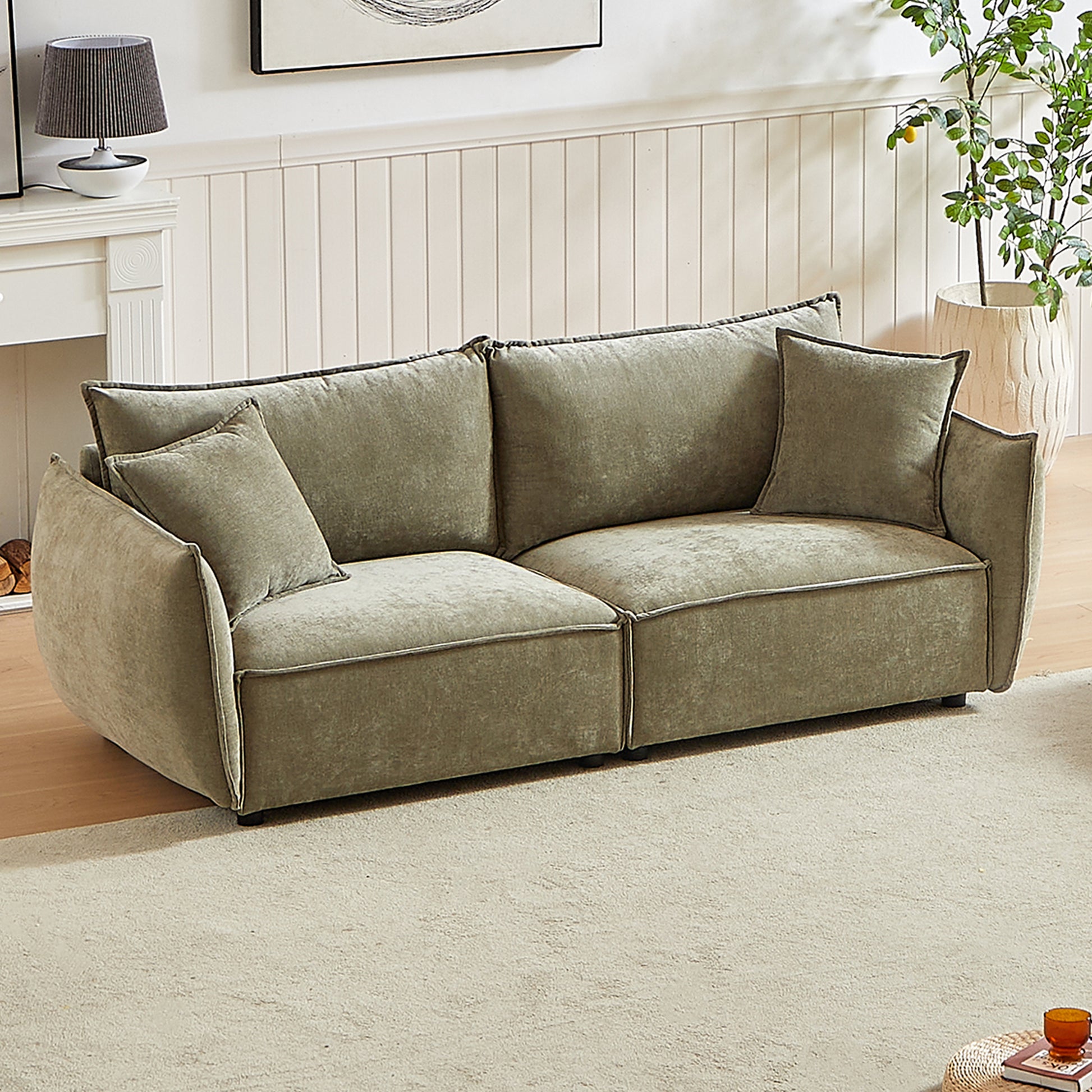 Mh88" Modern Living Room Sectional, Wide Living Room Sectional, Stylish Chenille Triple Sectional With Extra 2 Pillows, Thickly Padded Seat And Back And Armrests For Apartment, Living Room Light Green Chenille Wood Primary Living Space Pine Foam Fabric 3