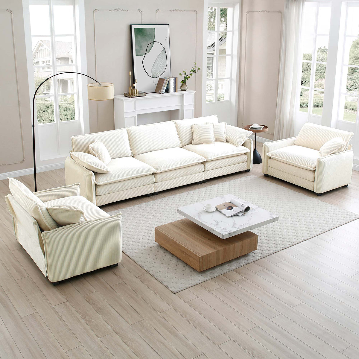Warm And Cozy Sofa Set With Soft Cushions And Pillows, Home Theater Style Sofa Set Consisting Of A 3 Seater Sofa And Two Single Sofas In Beige Corduroy Fabric Beige Corduroy 5 Seat