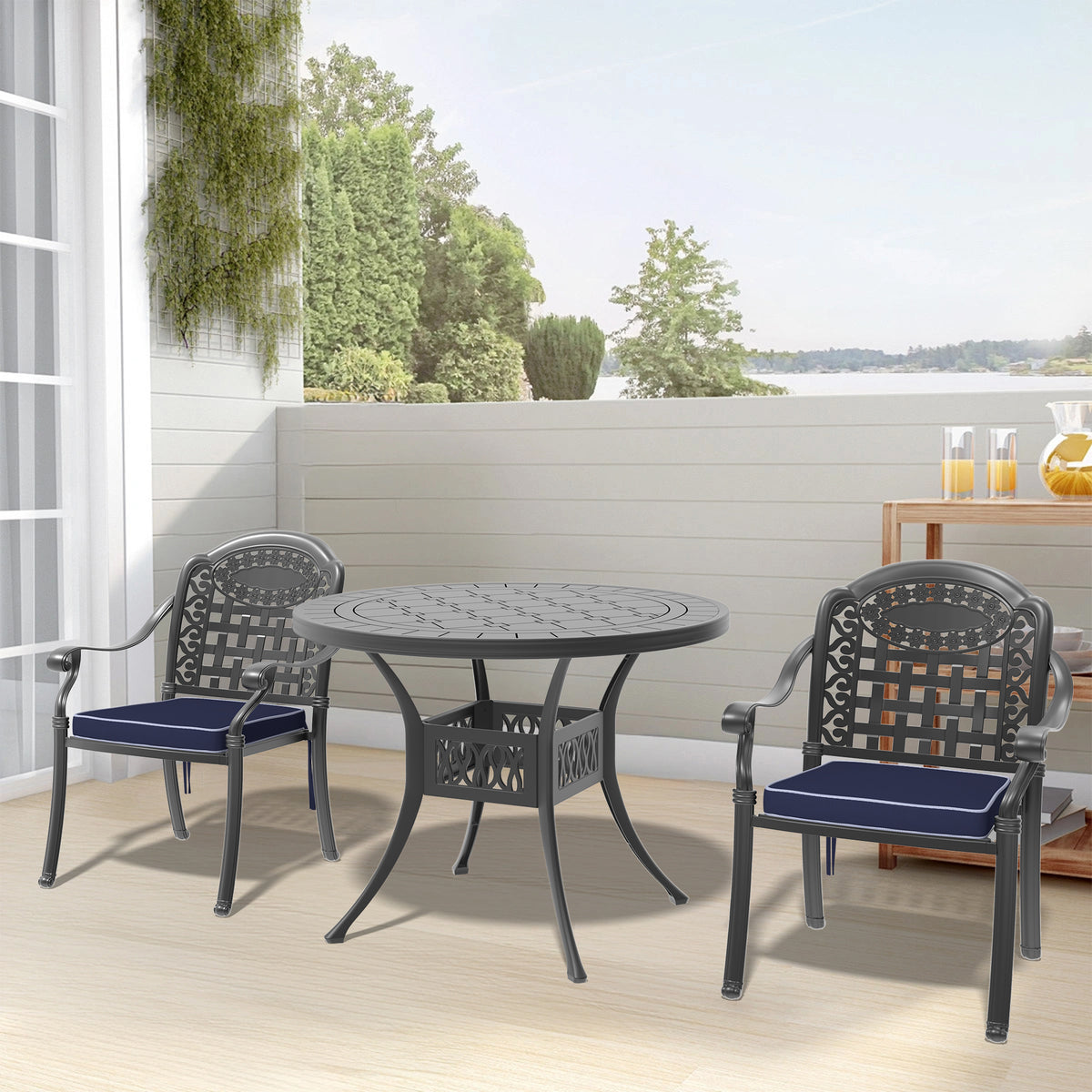 Cushions In Random Colors 3 Piece Set Of Cast Aluminum Patio Furniture With Cushions Yes Dining Set Black Seats 2 Rust Resistant Frame Water Resistant Cushion Garden & Outdoor Complete Patio Sets Aluminium