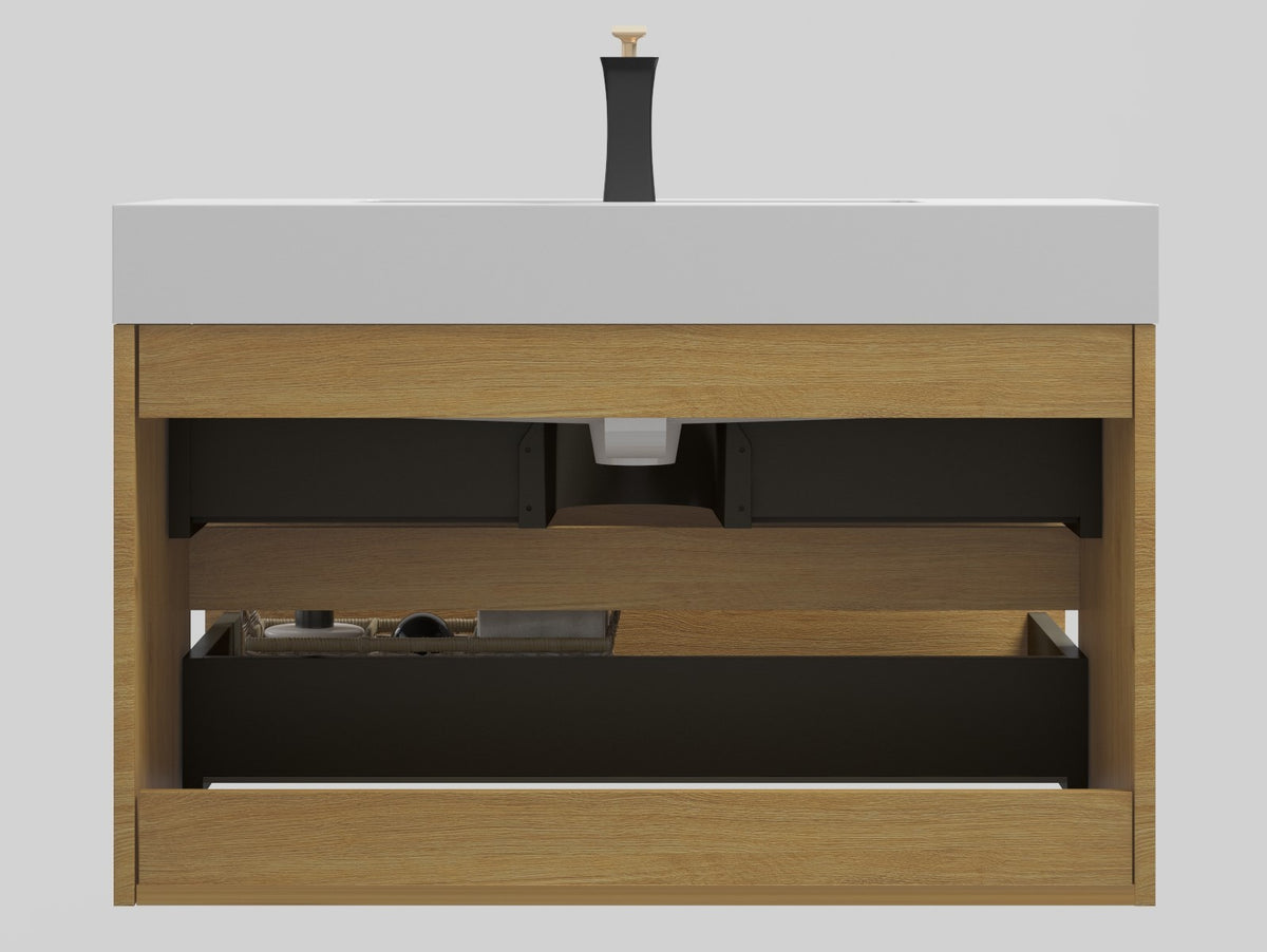 U042 Alice36 106 Alice 36" Oak Bathroom Vanity With Black Sink, Large Storage Wall Mounted Floating Bathroom Vanity For Modern Bathroom, One Piece Black Sink Basin Without Drain, Pre Assembled Oak Melamine