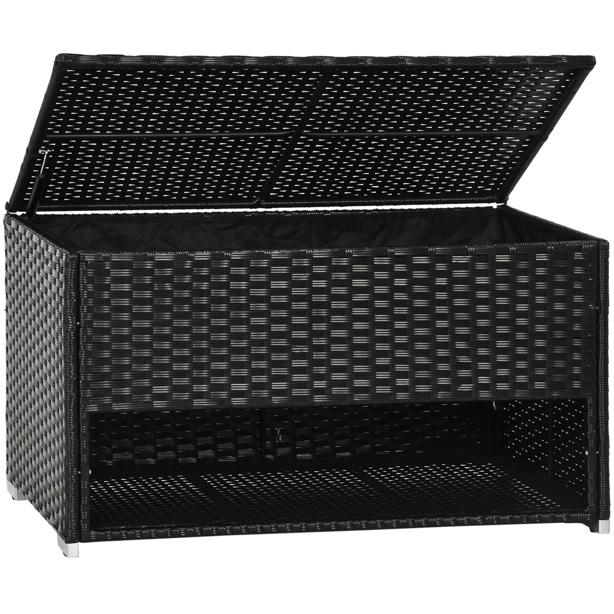 Outsunny Outdoor Deck Box & Shoe Storage, Pe Rattan Wicker Towel Rack With Liner For Indoor, Outdoor, Patio Furniture Cushions, Pool, Toys, Garden Tools, Black Black Steel