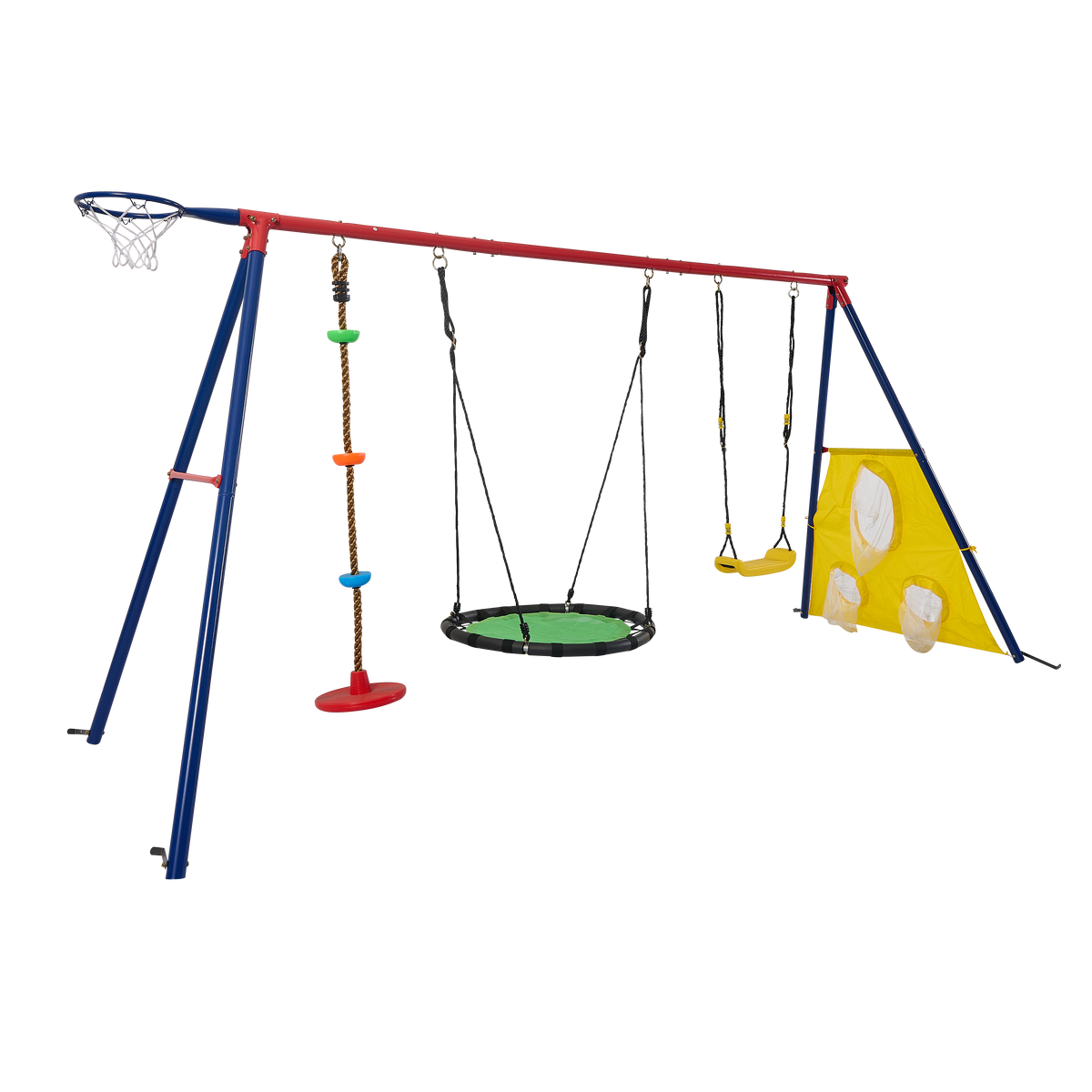 Xns093 Rinbow Colour Interesting Three Swingset With Textilene Swing And Tree Swing Disc Metal Plastic Safe Swing Seat 550Lbs For Outdoor Playground For Age 3 Blue Green Steel