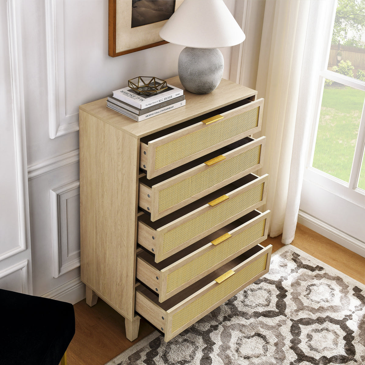 Bedroom 5 Drawer Dresser, Rattan Dresser Modern Wooden Chest Of Drawers With Spacious Storage Space For Bedroom Hallway Living Room Natural Wood Solid Wood Mdf