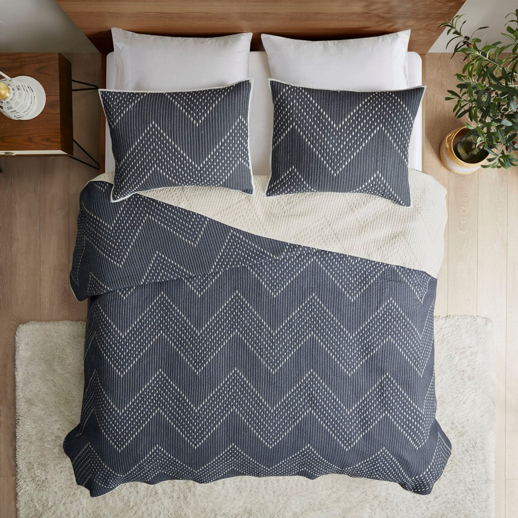 3 Piece Embroidered Cotton Quilt Set Navy King Cal King King Navy Cotton