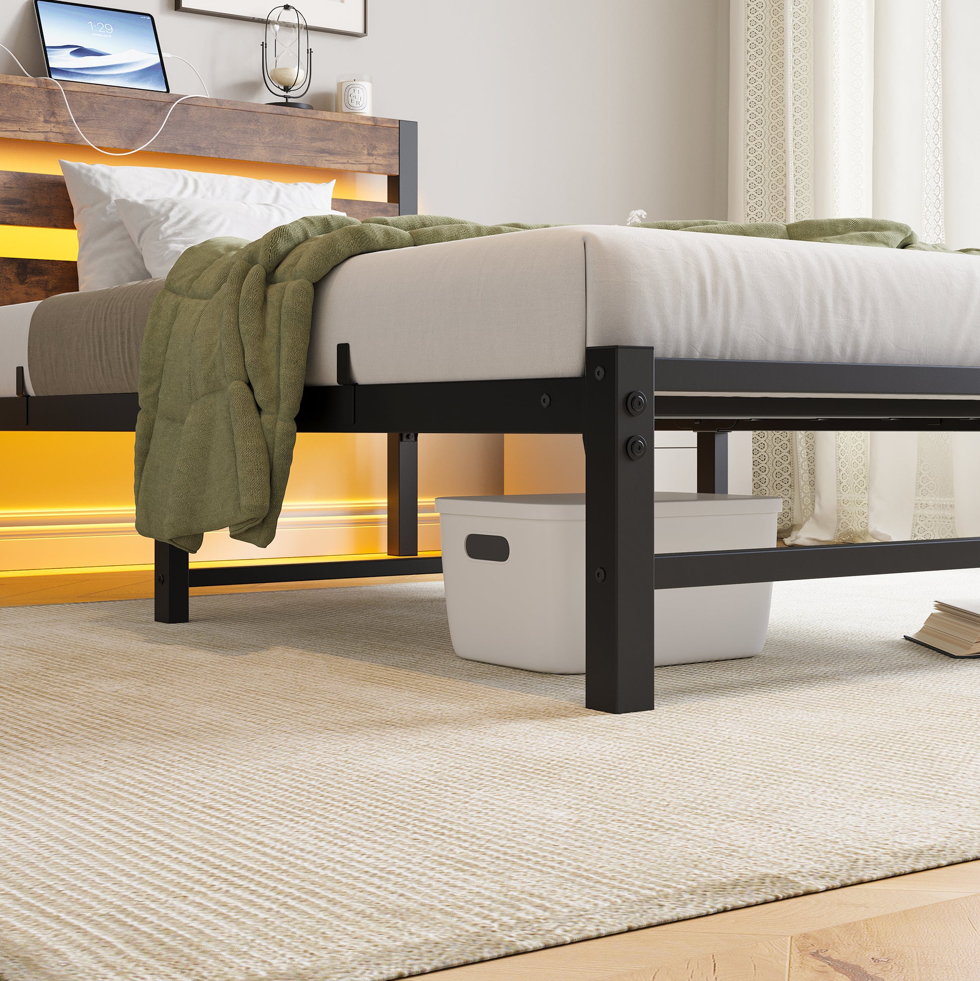 Twin Size Bed Frame Heavy Duty Platform Bed Frame With Headboard, Usb Charging Station, Led Bed, No Box Spring Needed, Mattress Foundation, Strong Steel Slats, Noise Free, Brown Box Spring Not Required Twin Beige Brown Metal Brown Bedroom