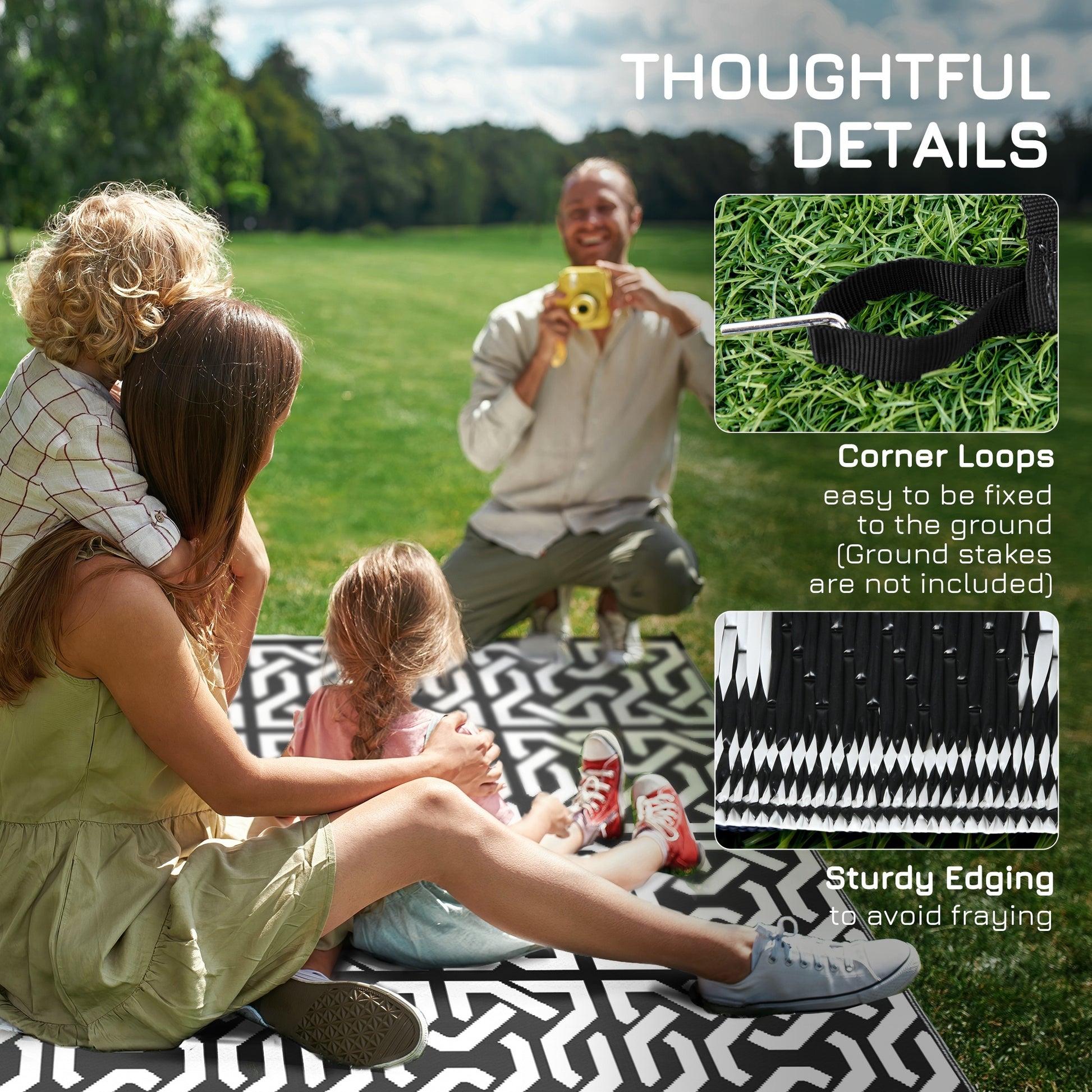 Outsunny Reversible Outdoor Rug, 9' X 18' Waterproof Plastic Straw Floor Mat, Portable Rv Camping Carpet With Carry Bag, Large Floor Mat For Backyard, Deck, Picnic, Beach, Black & White Chain Multicolor Polypropylene