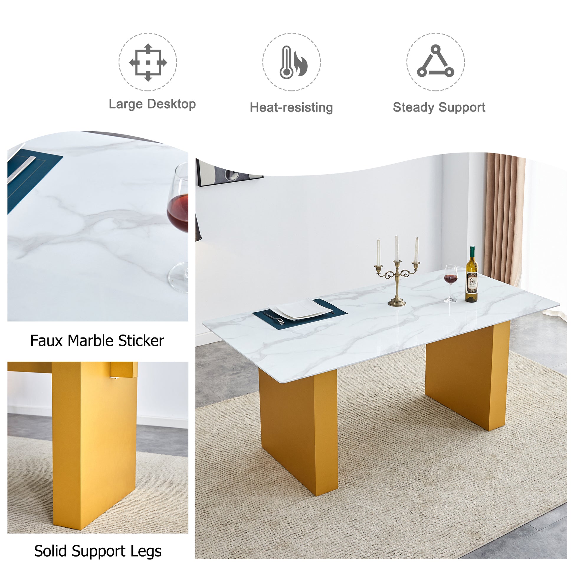 Large Modern Rectangular Table With 0.4 Inch Patterned Tabletop And Large Mdf Table Legs, Suitable For Kitchen, Dining Room, And Living Room 71 "* 35.4" * 30 " 1546 Gold Mdf Glass